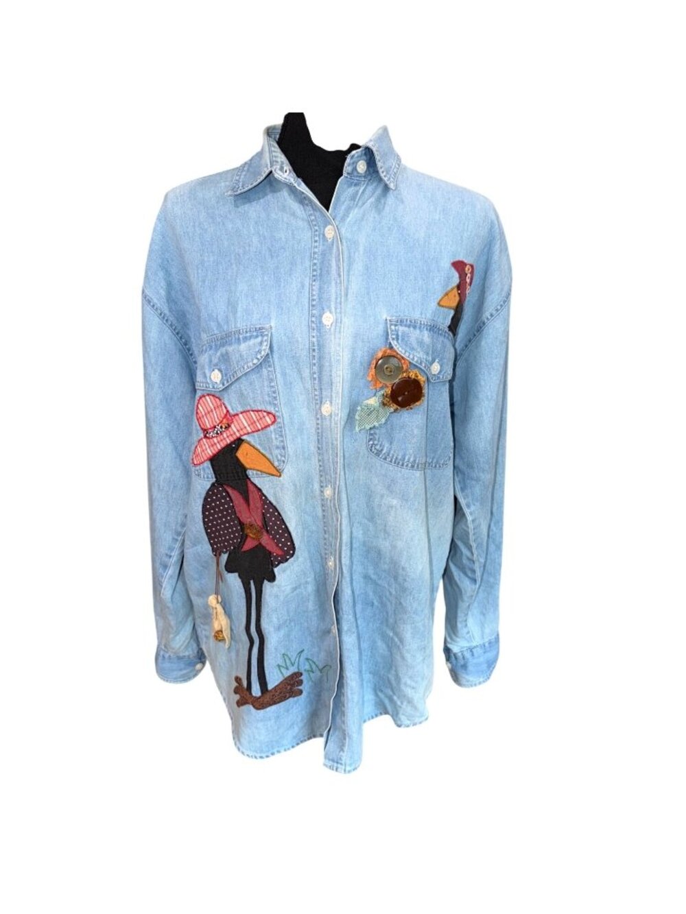 Vintage Handmade Denim Novelty Shirt Crow Appliqué Artsy Farmgirl Pockets Women